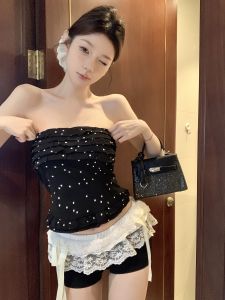 GUZILIAN | Dots Collarbone Neck Bustier Waist-defining Top