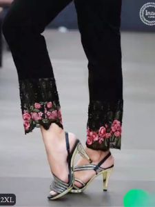 Elegant Floral Embroidered High-Waist Slim Fit Pants with Net Insets