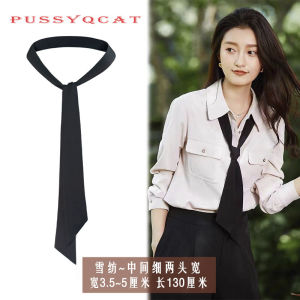 ผ้าพันคอผูกโบว์ผีเสื้อผ้าชีฟองสีดำแบบลำลองสำหรับผู้หญิง ผ้าพันคอผ้าไหมสไตล์วิทยาลัย หัวเข็มขัดแฟชั่น กล่องของขวัญ