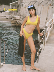 Yellow Bikini Separate Style Swimming Suit Beach Vacation Hot Spring Swimwear Comfortable Wireless round Neck Design for Women