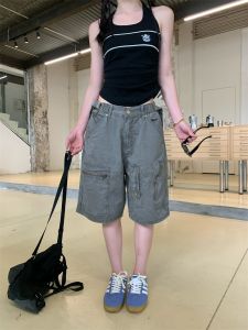 Retro American Washed Five-Point Zipper Casual Shorts Women Summer Street Loose Straight Leg Workwear Pants Natural Waist