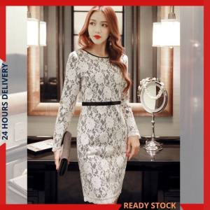 CFBOUTIQUE Korean Style Trendy Women Fashion Elegant Contrast Lace Long Sleeve Summer Dinner Dress