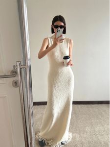 Midi Length Sleeveless Knitted Dress Womens Summer Fashion Sensation Chenzhendai Wave Pattern Frilled Hemline Elegant Long Gown