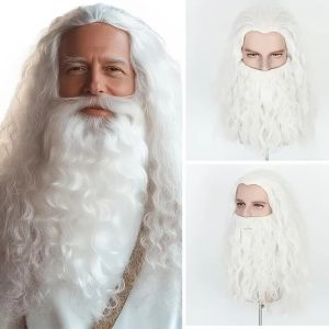 1-Piece Cosplay Mens White Curly Hair and Beard Wig Set Synthetic Wig