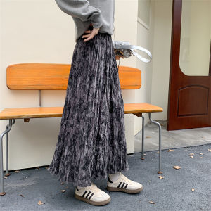 Retro Chinese Style Dyed Velvet Pleated Skirt High Waist Draped A-Line Long Skirt Womens Fashion Autumn Season Polyester Fiber