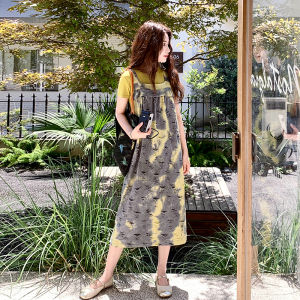 Retro Hong Kong Style Distressed Denim Overalls Dress Set Womens Summer New T-Shirt Two-Piece Set Loose Waist Korean Style