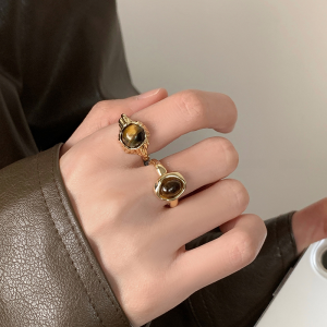 Unique Design Open Ring for Women Tiger Eye Stone Hong Kong Style Personality Index Finger Ring Retro Fashion Jewelry