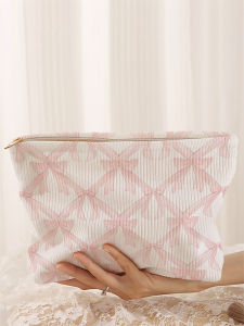 1 corduroy makeup bag with bow pattern light zipper makeup storage box multifunctional bag with lining