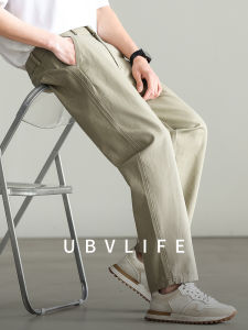 UBV | Retro Heavy-duty Textured Pure Color Mens Casual Trousers 100 Cotton Straight Leg