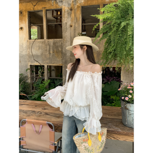 Off-shoulder Embossed French-style Waist-tied Blouse Spring