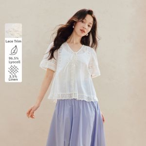 INMAN | French Design Heavy Embroidery Womens Shirt Linen Tencel
