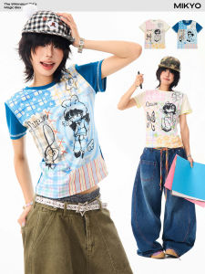 MIKYO Hand-Painted Cartoon Short-Sleeve T-Shirt Womens Summer Slim Fit Short Design Y2K Top Shoulder-Length round Neck Cotton Blend