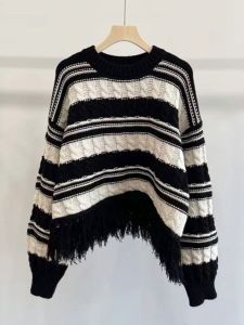 Spring Autumn Striped round Neck Tassel Knitwear Long Sleeve Color Block Womens Fashionable Sweater Warmth Comfortable Fit
