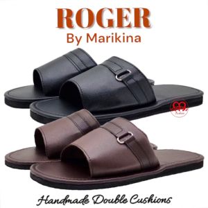 Marikina Roger Mens double-cushion and stitched Open-Toe leatherette non-slip slippers (Black & Brown)