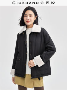 Giordano Jacket Womens Fashionable Cotton Coat Detachable Fur Collar Workwear Pockets Mid-Length Zipper Closure Solid Color