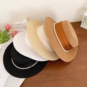 Womens Large Brim Flat Top Straw Hat Summer Fashionable Elegant Beach Vacation Outing Sand Beach Sun Protection Hat