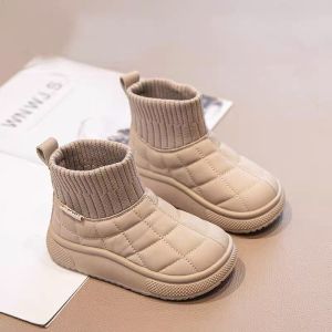 Leather Snow Boots for Girls Boys Winter Warm Fleece Lined Low Cut Casual round Toe Flat Bottom Rubber Sole Anti-Slip Kids Boots