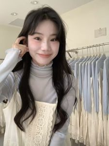 Angelica Blue Lace High Collar Mesh Base Shirt Thin Inner Wear Slim Fit Semi-Transparent Base Shirt Dopamine Style Long Sleeve