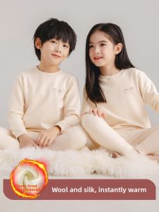 Warm Wool Silk Fleece Childrens Underwear Set Winter Baby Cotton Wool Shirt Boys Girls Autumn Clothes Pants Casual Style