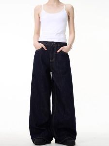 กางเกงยีนส์ทรงตรงสีน้ำเงินสไตล์อเมริกันย้อนยุคสำหรับผู้ชายและผู้หญิง กางเกงขายาวทรงหลวม กางเกงขายาวทรงหลวม Cleanfit