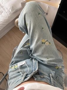 กางเกงยีนส์เอวสูงลายปักฤดูร้อนสำหรับผู้หญิงไซส์ใหญ่ กางเกงขายาวทรงหลวม กางเกงขายาวทรงหลวม ลายดอกไม้ ประดับเพชร