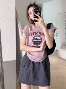 Summer Short Sleeve T-Shirt Women Loose Slim Fit Letter Print Shoulder Design Irregular Hem Drawstring Short Top