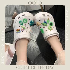 QLshop นิวคอลเลคชั่น รองเท้าแตะหุ้มส้น รองเท้าหุ้มส้นหัวโต ตกแต่งตัวติดลายการ์ตูนสีเขียวสีสันสดใส น่ารักตรงปก ปังปุริเยสุดๆ