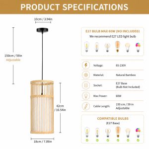JOYINLED Bamboo Chandelier Hand Woven Ceiling Light Natural Rattan Pendant Lamp E27 Fixture for Dining Room Bedroom Cafe Decor
