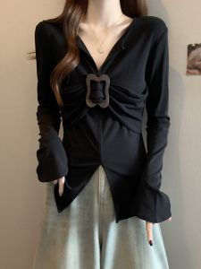 Áo Thun Nữ Dáng Ôm Tay Dài Xếp Ly Kiểu Pháp Mùa Xuân Thu Thường Ngày Cotton 100% Cổ Chữ V Tay Dài Thường