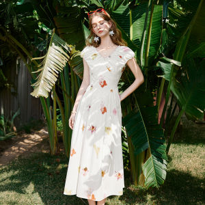 XIANGYING | French Style V-Neck Waist-Cinched Cotton Dress