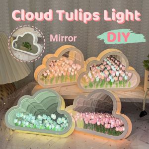 DIY Cloud Tulip LED Nightlight Valentines Gift Creative Mirror Desktop Decoration Pink Tulip DIY Gift For Girlfriend Birthday Anniversary