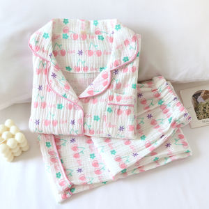 Spring Summer Autumn Lightweight Fresh Cherry Cotton Pajamas Set for Girls Home Clothes Bubble Cotton Gauze Pure Cotton Nightgown