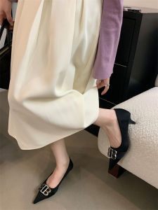 Black High Heels Sharp Pointed Toe Thin Stiletto Work Shoes for Women Metal Buckle Slip-On Fashionable Ladies Footwear