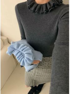 BINKAFENNY | เสื้อชั้นในถักคอสูงครึ่งตัวสำหรับผู้หญิง เสื้อชั้นในฤดูใบไม้ร่วงแบบสวมหัวแขนยาวสไตล์เกาหลี ปกโปโล ทรงปกติ