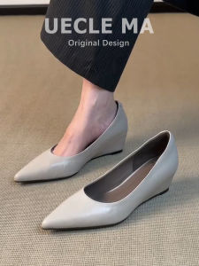 MASHUJIA | Leather Pointed Toe French Style Single Shoes Peep Toe Heel