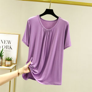 Slim Fit Modal Short Sleeve T-Shirt Womens Summer Large Size Outerwear Base Shirt round Neck Solid Color plus Size Top