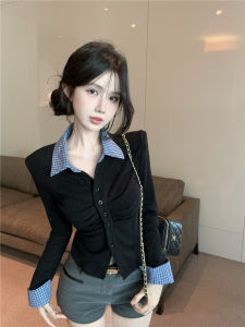 GUZILIAN | Fashionable Retro Plaid Splicing Turn-down Collar Long Sleeve Knitted Sweater College Style Pleated Fake Two-piece Top Women Autumn Winter