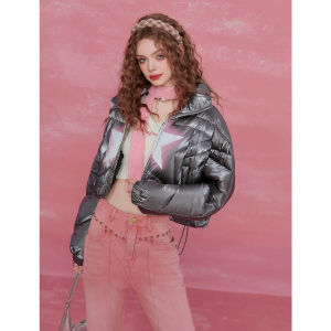SEENFAAN | SEENFAAN Womens Short Puffer Jacket Duck Down Stand Collar Star Stitching American Retro Style Autumn Outerwear Streetwear