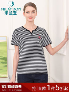 MILANDON Summer New round Neck Striped T-Shirt Women Short Sleeve Pure Cotton Thin Large Size Casual Mom Clothes