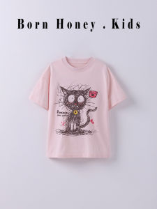Girls Short Sleeve T-Shirt Casual Thin Summer New Style Childrens Clothing Born Honey Brand round Neck Cartoon Print Top