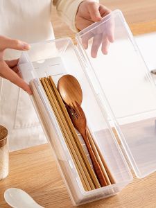 Kitchen Plastic Square Cover Storage Box for Chopsticks And Spoons Draining Rack Home Use Utility Organizer Box