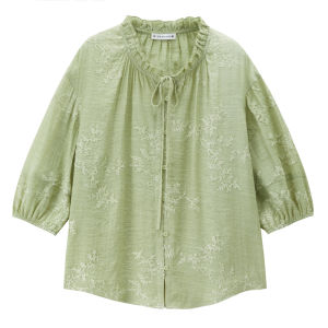 Giordano | Designer Mandarin Collar Loose Embroidery and Lace-Up Shirt