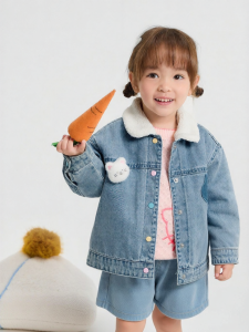 Balabala | Fleece Lined Winter Childrens Coat With Faux Fur Collar and 3D Cat Embroidery
