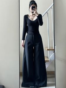 Quần Ống Rộng Dáng Rộng Cho Nữ Quần Dài Thoải Mái Cạp Cao Quần Dài Thường Ngày Quần Tây Phong Cách Hàn Quốc Mùa Thu 2024