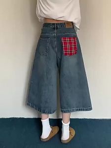 Fashion High Waist Loose Shorts Pants Women autumn 2026 Rerto Plaid Pocket Wide Leg Denim Jeans Harajuku Y2K Baggy Jeans