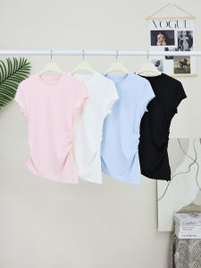 Womens Yoga Sport Top Pure Color Slimming Short Sleeve Pilates Fitness Training Clothing Breathable Quick Dry Nylon Fabric