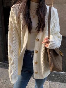 White V-neck Cable Stitch Knitting Cardigan Female Korean Style Lazy Style Fall and Winter Loose Sweater Coat Sweater Top Outerwear