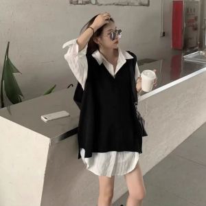 Fashionable Knitted Vest Striped Shirt Set Womens Autumn New Style Simple Yet Elegant Small Fragrance Wind Long Sleeve V-Neck