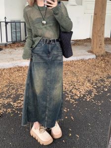 Váy Denim Cạp Cao Cỡ Lớn Cho Nữ Váy Chữ a Dài Vừa Phải Váy Xẻ Tà Phong Cách Retro Váy Denim Thường Ngày