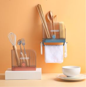 Kệ Đựng Muỗng Đũa Thìa Dán Tường CB03 Có Khay Hứng Nước Kèm 2 Móc Treo Và Giá Treo Khăn - Hộp Để Đũa Thìa Trên Bàn